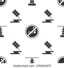 Set Rotating drill digging a hole, No Smoking and Barrel oil leak on seamless pattern. Vector