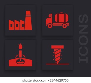 Fijar perforación giratoria cavando un agujero, edificio de la fábrica de petróleo, camión cisterna y plataforma de aceite con icono de fuego. Vector