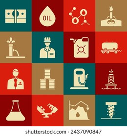Set Taladro giratorio excavando un agujero, plataforma petrolífera con fuego, cisterna ferroviaria, aceite de molécula, petrolero, bomba o toma de bomba, apilar dinero en efectivo de papel y cartucho para icono de motor. Vector
