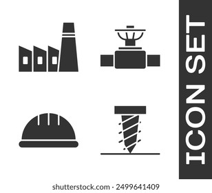 Set Rotating drill digging a hole, Oil industrial factory building, Worker safety helmet and Industry pipe and valve icon. Vector