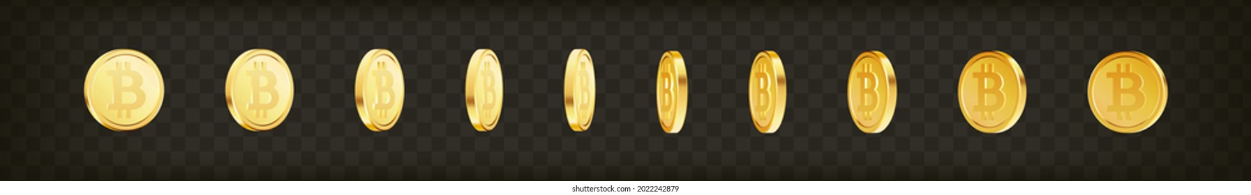 Set of rotating gold bitcoin coins on transparent isolated background. Golden cryptocurrency crypto cash, money set. Rotating, 3d bitcoin coins. Vector illustration.