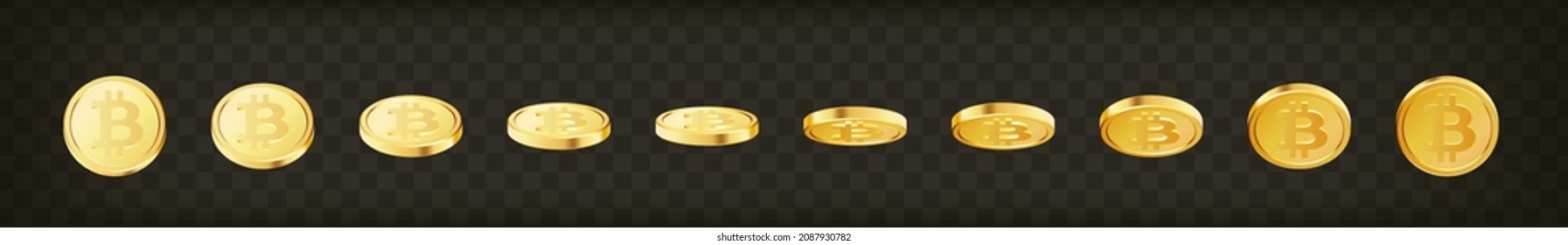 Set of rotating gold bitcoin coins on transparent isolated background. Golden cryptocurrency crypto cash, money set. Rotating, 3d bitcoin coins. Vector illustration.