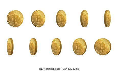 Conjunto de monedas bitcoin de oro giratorias. Criptomoneda dorada, criptoefectivo, juego de dinero. Rotación, monedas bitcoin 3d. Ilustración vectorial.