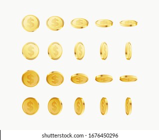Set of rotating gold coins with dollar currency sign. 3d dollar coins. Golden money set. Applicable for gambling games, jackpot illustration. Vector illustration.
