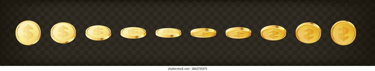 Set of rotating gold coins with dollar currency sign on transparent isolated background. 3d dollar coins. Golden money set. Applicable for gambling games, jackpot illustration. Vector illustration.