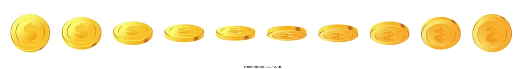 Set of rotating gold coins with dollar currency sign. 3d dollar coins. Golden money set. Applicable for gambling games, jackpot illustration. Vector illustration.