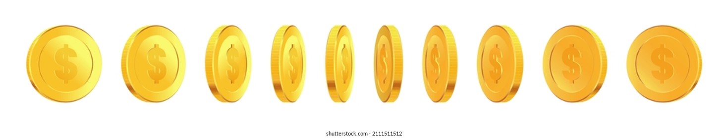 Set of rotating gold coins with dollar currency sign. 3d dollar coins. Golden money set. Applicable for gambling games, jackpot illustration. Vector illustration.