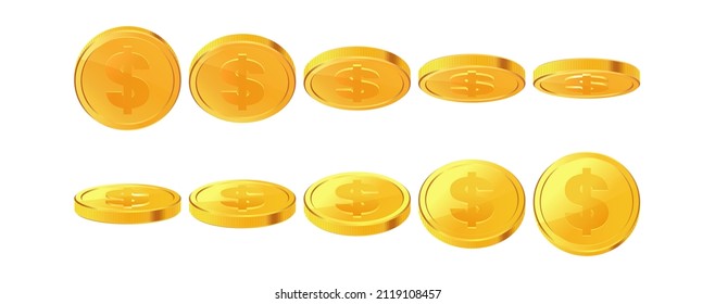 Set of rotating gold coins with dollar currency sign. 3d dollar coins. Golden money set. Applicable for gambling games, jackpot illustration. Vector illustration.