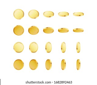 Set of rotating gold coins. Golden money set. Applicable for gambling games, jackpot or bank or financial illustration. Can be used for video game awards, ribbons. Vector illustration.