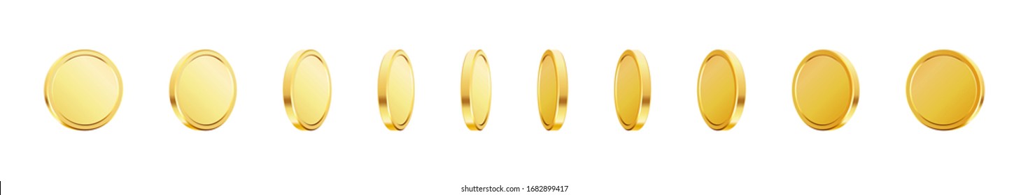 Set of rotating gold coins. Golden money set. Applicable for gambling games, jackpot or bank or financial illustration. Can be used for video game awards, ribbons. Vector illustration.