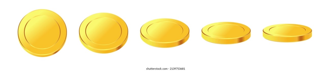 Satz rotierender Goldmünzen. Goldener Geldsatz. Gilt für Glücksspiele, Jackpot oder Bank- oder Finanzillustrationen. Kann für Videospiele-Preise, Bänder verwendet werden. Vektorgrafik.