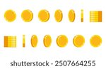 Set of rotating gold coins isolated on a white background. Set of icons of gold coins rotating in different angles for animation. Set of gold coins. Flat vector illustration.