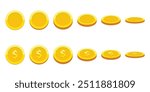 Set of rotating gold coins isolated on a white background. Set of icons of gold coins rotating in different angles for animation. Set of gold coins. Dollars. Flat vector illustration.