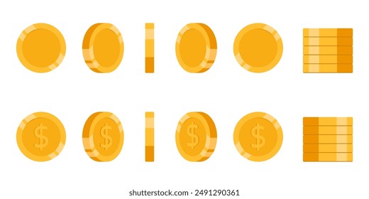 Set of rotating gold coins isolated on a white background. Set of icons of gold coins rotating in different angles for animation. Set of gold coins. Dollars. Flat vector illustration.