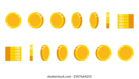 Set of rotating gold coins isolated on a white background. Set of icons of gold coins rotating in different angles for animation. Set of gold coins. Flat vector illustration.