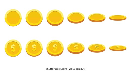 Set of rotating gold coins isolated on a white background. Set of icons of gold coins rotating in different angles for animation. Set of gold coins. Dollars. Flat vector illustration.