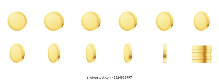 Set of rotating gold coins isolated on a white background. Set of icons of gold coins rotating in different angles for animation. Set of gold coins. 3D vector illustration.