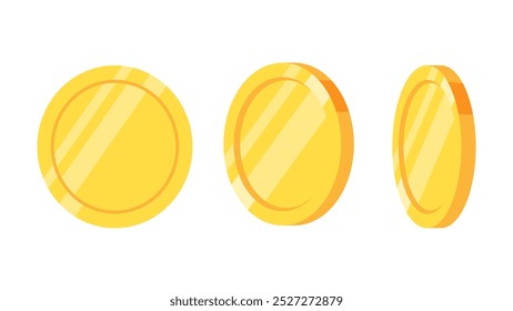 Set of rotating gold coins isolated on a white background. Set of gold coins rotating in different angles on a white background.Flat vector illustration.
