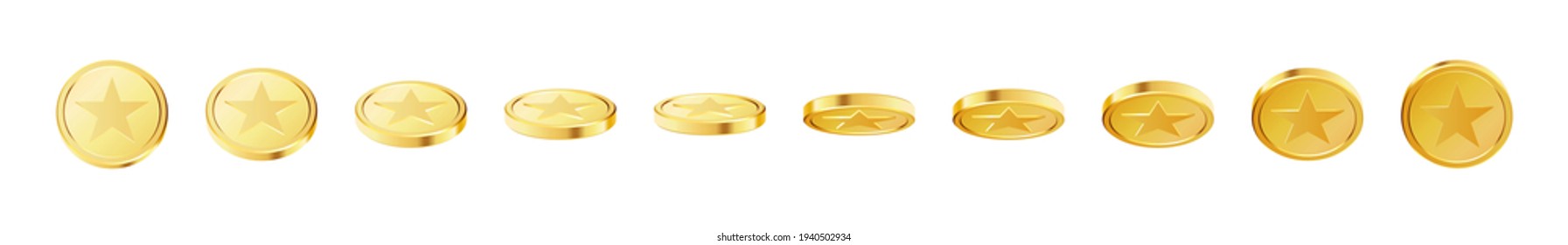 Set of rotating gold coins with star sign. Award coins. Golden money set. Applicable for gambling games, jackpot illustration. Vector illustration.