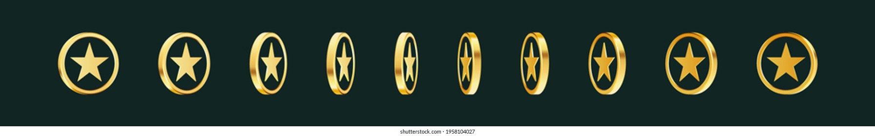 Set of rotating gold coins with star sign. Award coins. Golden money set. Applicable for gambling games, jackpot illustration. Vector illustration.