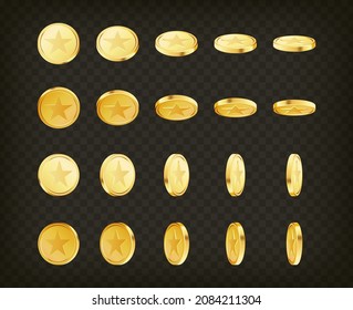 Set of rotating gold coins with star sign on transparent background. Award coins. Golden money set. Applicable for gambling games, jackpot illustration. Vector illustration.