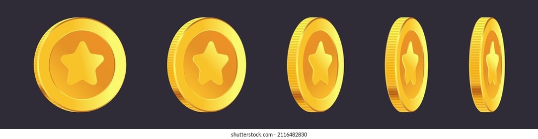 Set of rotating gold coins with star inside. Golden money set. Applicable for gambling games, jackpot or video games illustration. Can be used for video game awards, ribbons. Vector illustration.