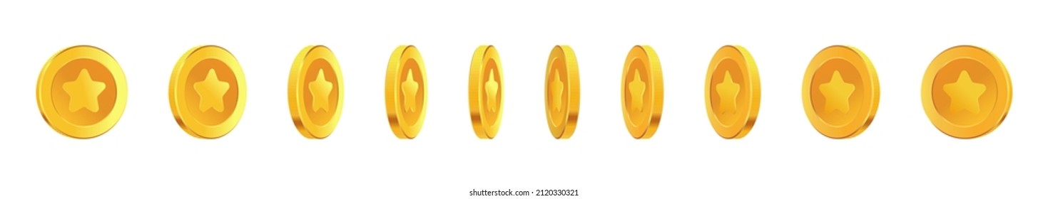 Set of rotating gold coins with star inside. Golden money set. Applicable for gambling games, jackpot or video games illustration. Can be used for video game awards, ribbons. Vector illustration.