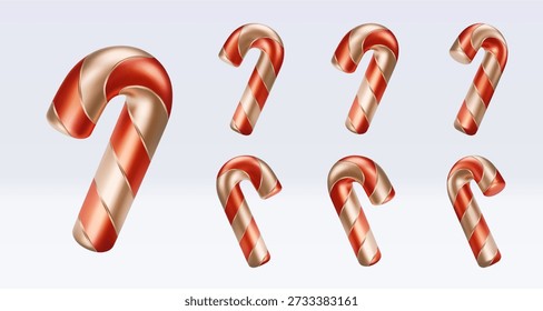 Fije el bastón de caramelo dorado giratorio con las rayas rojas y la sombra. Navidades Ilustración vectorial para postal, tarjeta de visita, decoración, diseño, artes, partido, venta, publicidad