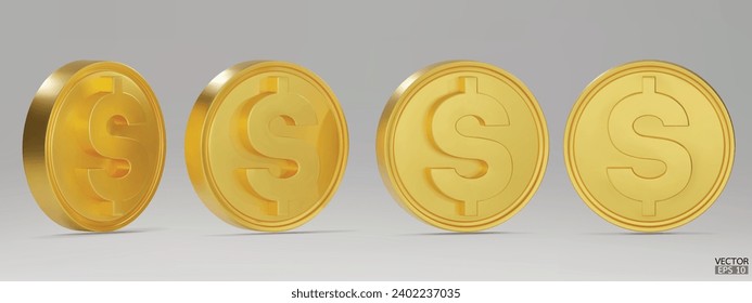 Set of rotating golden dollar coins in different angles isolated on background. Golden money set. Use for gambling games, jackpot Cash treasure concept. 3d vector illustration.