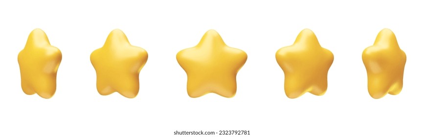 Set of rotating golden trophy metallic stars from different angles. Glossy yellow trophy stars 3d realistic style rendering. Leadership, game award, feedback symbols vector illustration on white