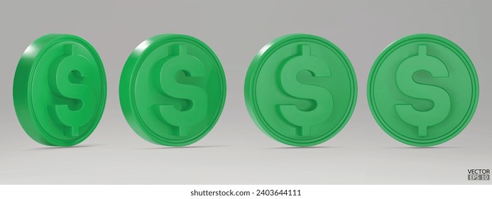 Set of rotating green dollar coins in different angles isolated on background. Green money set. Use for gambling games, jackpot Cash treasure concept. 3d vector illustration.