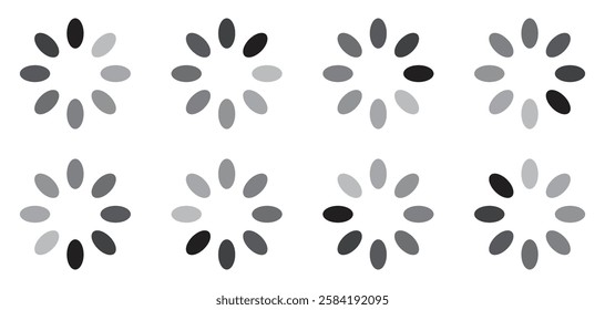 Set of rotating loading spinner frames in grayscale, circular progress indicators for UI design, minimal buffering icons, seamless animation steps for apps, websites, and interfaces. Icons, vector.