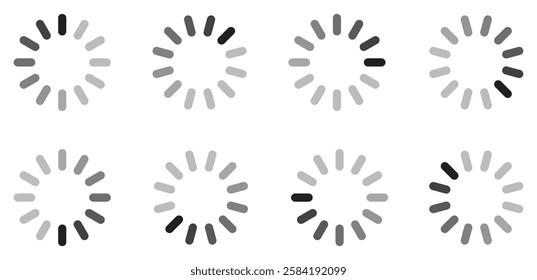 Set of rotating loading spinner frames in grayscale, circular progress indicators for UI design, minimal buffering icons, seamless animation steps for apps, websites, and interfaces. Icons, vector.