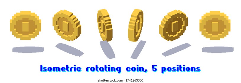 Set of rotating pixel coins for game or app animation in 80s retro arcade style