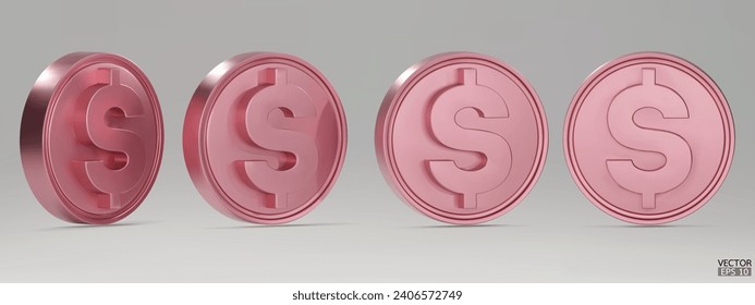 Conjunto de monedas rotantes de oro rosa en dólares en diferentes ángulos aisladas en segundo plano. Juego de dinero de oro rosa. Utilícelo para juegos de azar, concepto del tesoro de dinero de jackpot. Ilustración vectorial 3d.