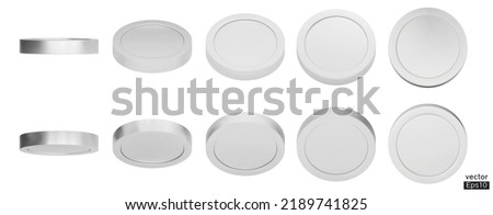 Set of rotating silver coins in different angles isolated on white background. Platinum money set. Aluminum medal used for gambling games, jackpot Cash treasure concept. 3d vector illustration. Foto stock © 