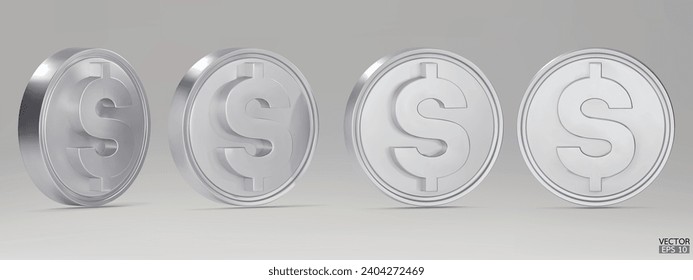 Set of rotating silver dollar coins in different angles isolated on background. Silver money set. Use for gambling games, jackpot Cash treasure concept. 3d vector illustration.