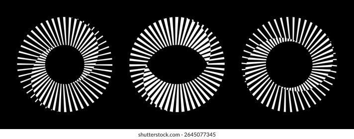 Set of rotating spiral speed lines in circle form. Abstract geometric sun rays in different shape. Design element for logo, prints, template or posters. Vector illustration.