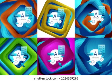 Conjunto de fondos cuadrados giratorios, rectángulos de color con efecto de fusión escalonada con infografía de ejemplo o eslogan. Plantillas de presentación para empresas. Fondo abstracto vectorial con cuadrado 3d