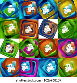 Conjunto de fondos cuadrados giratorios, rectángulos de color con efecto de fusión escalonada con infografía de ejemplo o eslogan. Plantillas de presentación para empresas. Fondo abstracto vectorial con cuadrado 3d