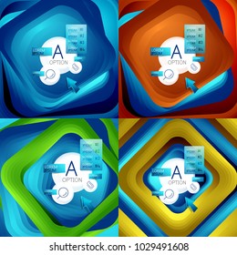 Set of rotating swirl square backgrounds, color rectangles with stepping blending effect with sample infographics or slogan. Business presentation templates. Vector abstract backgrounds with 3d square