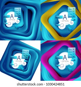 Conjunto de fondos cuadrados giratorios, rectángulos de color con efecto de fusión escalonada con infografía de ejemplo o eslogan. Plantillas de presentación para empresas. Fondo abstracto vectorial con cuadrado 3d