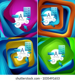 Conjunto de planos de fundo quadrados giratórios, retângulos coloridos com efeito de mistura gradual com infográficos de exemplo ou slogan. Modelos de apresentação comercial. Planos de fundo abstratos de vetor com quadrado 3d