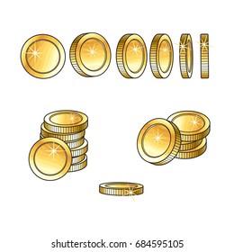 Set of rotating, turning shiny gold coins and stakcs, sketch vector illustration isolated on white background. Realistic hand drawing of blank, unlabeled golden coins at different points of view