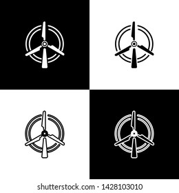 Set Rotating wind turbine icons isolated on black and white background. Wind generator sign. Windmill silhouette. Windmill for electric power production. Vector Illustration