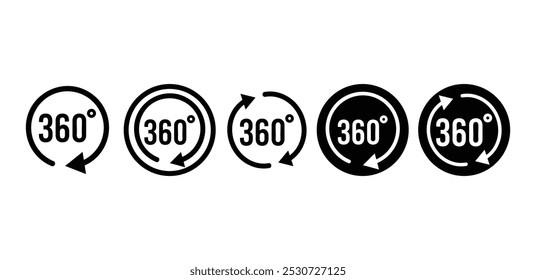 set of rotation arrow 360 degrees icon symbol sign round circle shape vector design black white color illustration collection