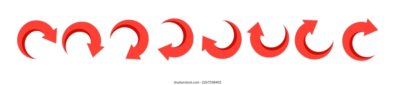 Set of rotation circular arrows on white background. Red turn or repeat arrow. Cancel or next sign.