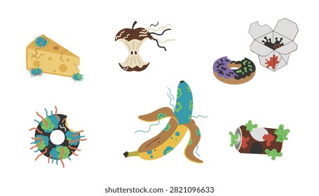 Set of rotten spoiled food items features moldy cheese, moldy banana, a bad apple core, and decayed junk food.