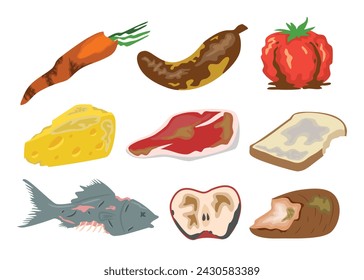 Set of rotten vegetable and fruits, collection, Cartoon bad unhealthy products from kitchen litter and waste bin, moldy expired food ingredients with cheese, banana, tomato, carrot, meat, fish, apple