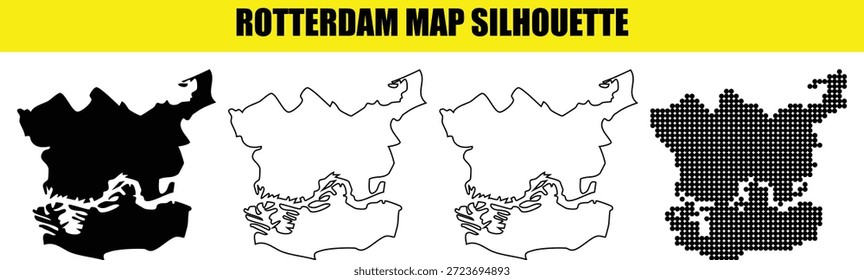 Conjunto de silhuetas do mapa de Roterdã com variações sólidas, brancas, contornos e pontilhadas, perfeito para várias aplicações gráficas, materiais educacionais e estudos regionais